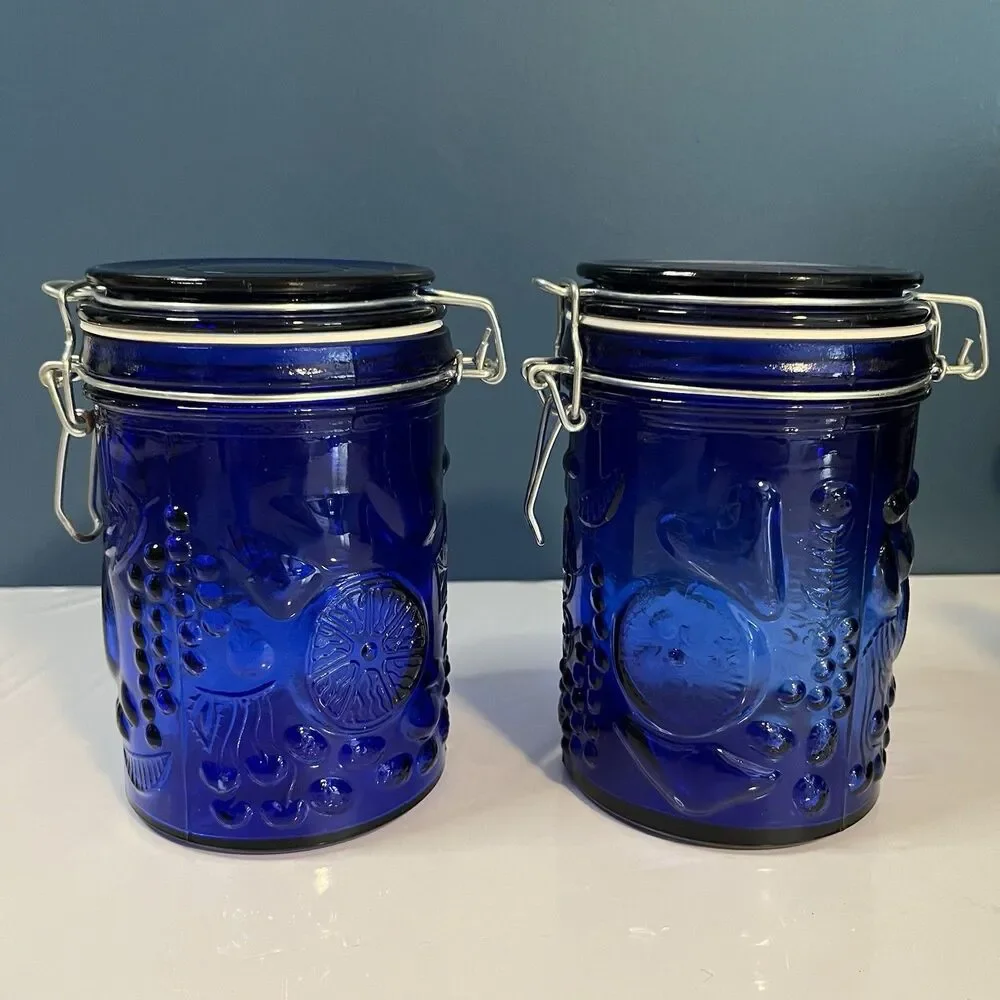 Vtg Cobalt Blue Glass Canister Jar Set (2) Hinged Wire Bail 6” Fruit Design READ